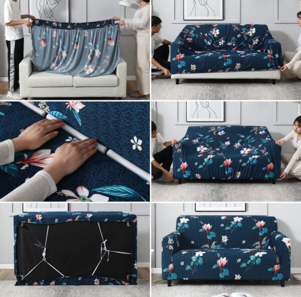 Sofa Covers for Chairs 6 Seaters 3,2,1 Stretch Fabric - Blue Flower - Image 2