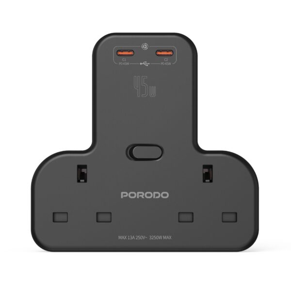 Porodo Multi Port Wall Socket, with 2 USB C Ports Delivering 45W of Charging, With a rated voltage of 250V, 13A Max current, and a power output of up to 3250W