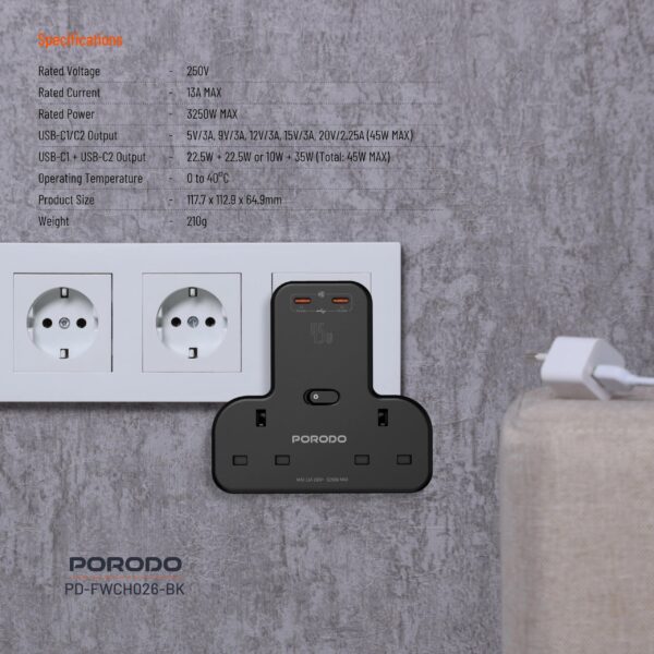 Porodo Multi Port Wall Socket, with 2 USB C Ports Delivering 45W of Charging, With a rated voltage of 250V, 13A Max current, and a power output of up to 3250W - Image 4