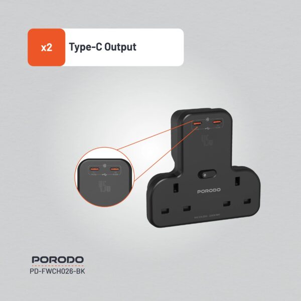 Porodo Multi Port Wall Socket, with 2 USB C Ports Delivering 45W of Charging, With a rated voltage of 250V, 13A Max current, and a power output of up to 3250W - Image 6