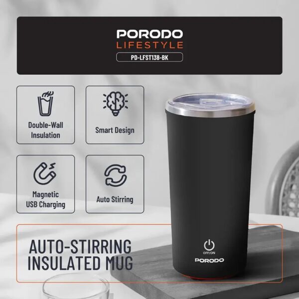 Porodo Lifestyle Auto-Stirring Insulated Mug 400ml, Twin Wall Cup - Image 2