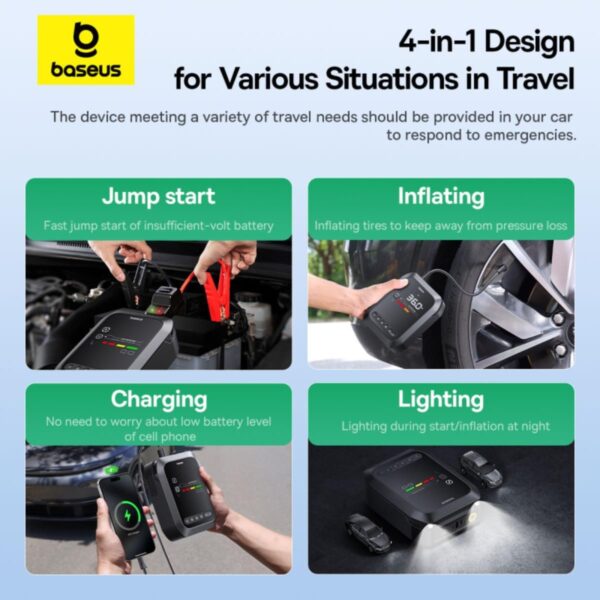 Baseus Primetrip Series Super Energy 4in1 Car Jump Starter 1200A with 150 PSI Tire Inflator, 3000mAh Power Bank & Flashlight | Color Display - Image 6