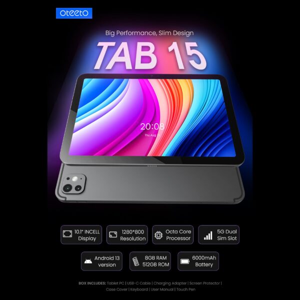 Oteeto Tab 15 PC Android Tablet 8GB RAM, 512GB ROM, 6000 mAh Battery, Wireless Keyboard, Free Touch Pen - Image 5