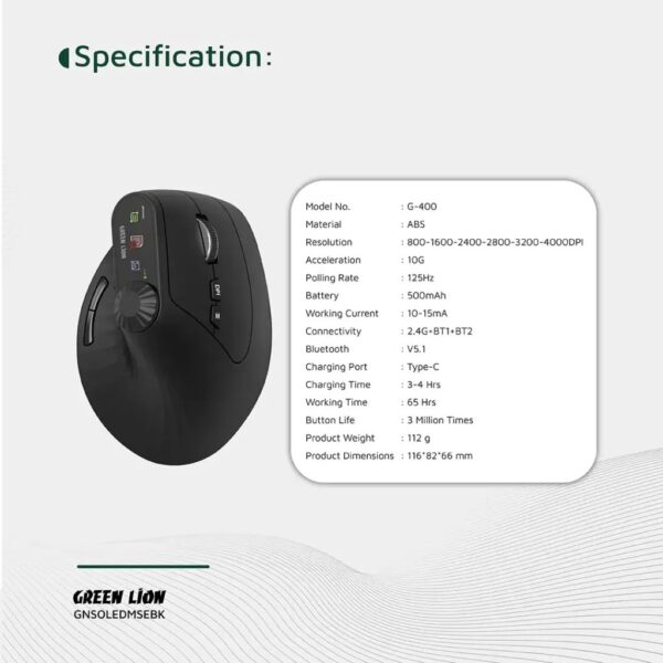 Green Lion Smart OLED Vertical Mouse, Multi Function Knob, 4000 DPI - Image 2