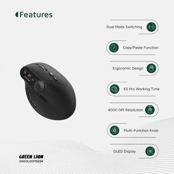 Green Lion Smart OLED Vertical Mouse, Multi Function Knob, 4000 DPI - Image 3