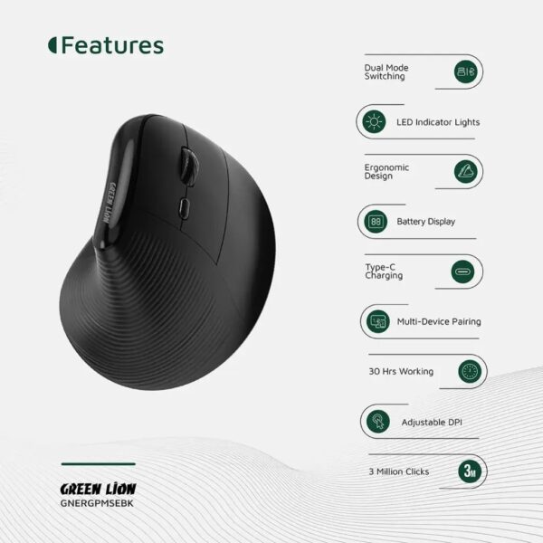 Green Lion Ergo Grip Vertical Mouse, 4000DPI, Digital Display, Multi Device Pairing - Image 2