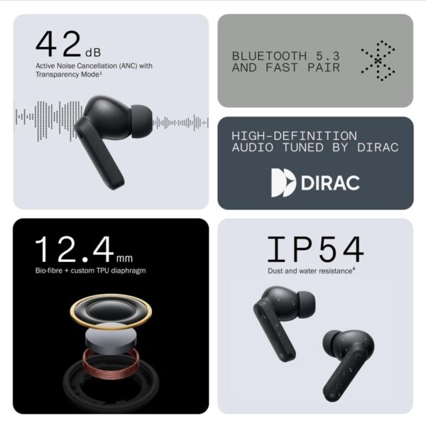 CMF Buds Wireless Bluetooth Earbuds, 42dB Noise Cancelling Earbuds,Dirac HD Audio, 35.5H Playtime, BT5.3, IP54 Waterproof, 4HD Mics Wireless Headphones for iPhone and Android - Black - Image 4