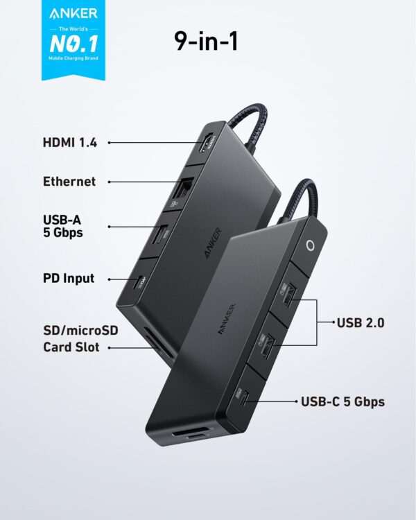 Anker USB C Hub, 552 USB-C Hub (9-in-1, 4K HDMI) with 100W Power Delivery, 4K@30Hz HDMI, 4 USB-C and USB-A Data Ports, Ethernet and SD/microSD Card Slot for MacBook, HP, Dell Laptops