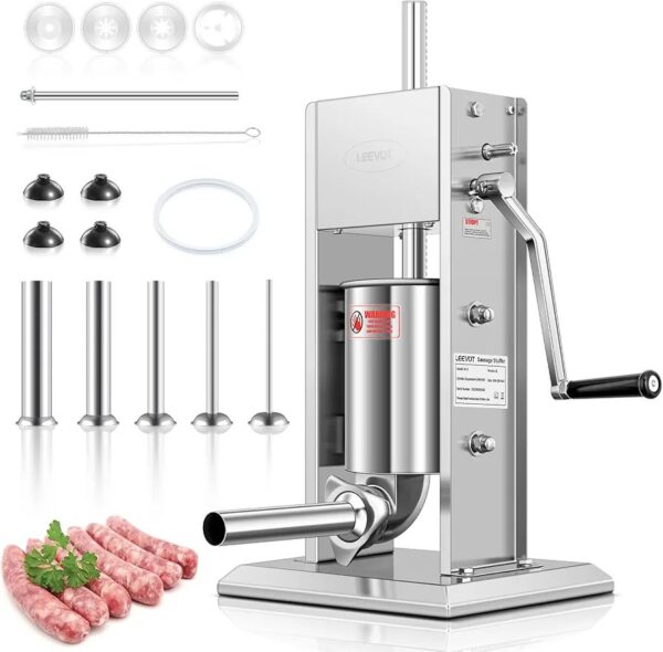 Sausage Stuffer 7L 304 Stainless Steel Sausage Maker Adjustable, 2 Speeds, 4 Filling Tubes (Silver)