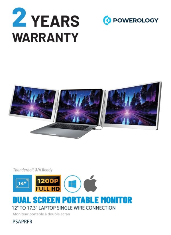 Powerology Dual Screen 14" Portable Monitor 12" to 17.3" Laptop Single Wire Connection / Compatible with Windows & MacOS / 1200P Full HD Screen / Compatible with M1, M2, M3, M4 series Mac - Silver - Image 2