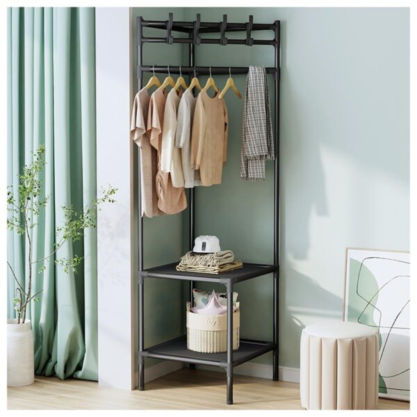 Simple Corner Coat Rack Freestanding Metal Clothing Rack With 3-Tier Shelves - Image 2