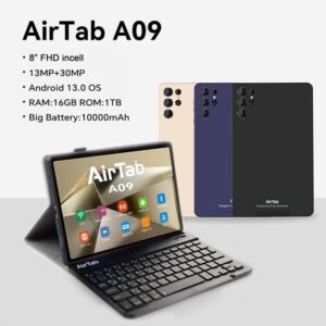 AirTab A09 Tablet with Keyboard, 8 inch FHD Screen, 1TB Internal Memory, 16GB RAM - with Powerful 10,000mAh Battery, Black