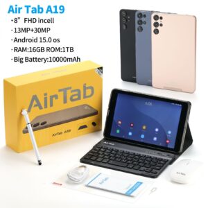 AirTab A19 PC Android Tablet with Keyboard, 8 inch FHD Screen, 1TB Internal Memory, 16GB RAM - with Powerful 10,000mAh Battery, Black