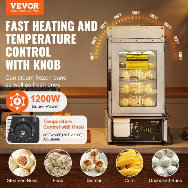 Commercial 5 Layer Bun Steamer Food Warmer Machine, 30℉ to 99℉ Temperature Control, Stainless Steel Steamed Buns Warmer with LED, Steam Heating for Steamed Buns Siomai Corn - Image 2