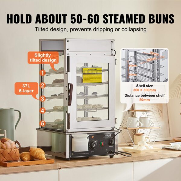 Commercial 5 Layer Bun Steamer Food Warmer Machine, 30℉ to 99℉ Temperature Control, Stainless Steel Steamed Buns Warmer with LED, Steam Heating for Steamed Buns Siomai Corn - Image 4