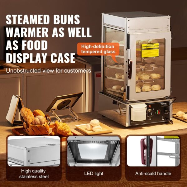 Commercial 5 Layer Bun Steamer Food Warmer Machine, 30℉ to 99℉ Temperature Control, Stainless Steel Steamed Buns Warmer with LED, Steam Heating for Steamed Buns Siomai Corn - Image 3