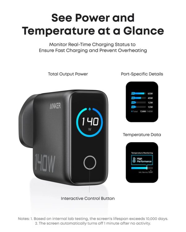 Anker 140W USB C Charger, Laptop Charger, 4-Port Multi-Device Fast Charging, Advanced GaN Power Adapter, Intuitive Touch Controls, Compatible with MacBook - Image 8