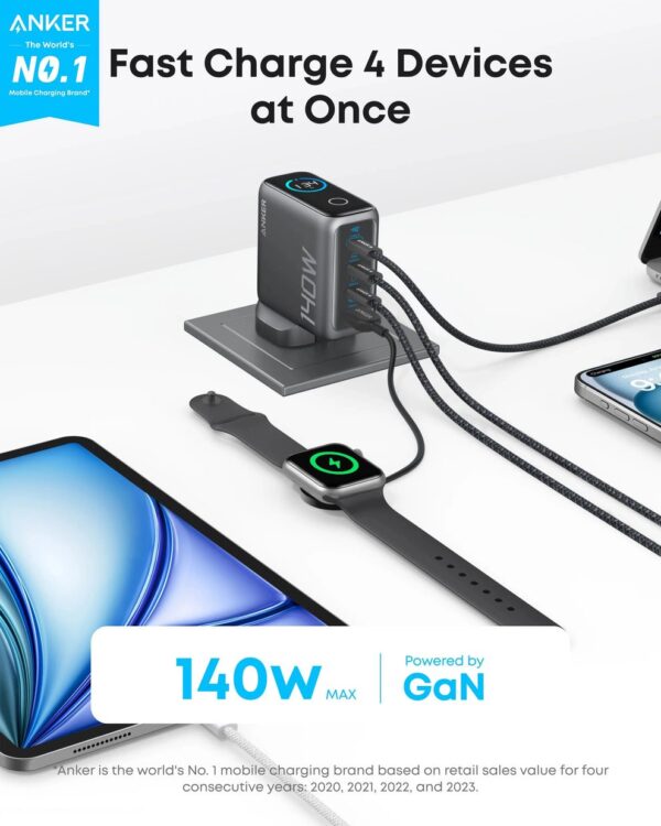 Anker 140W USB C Charger, Laptop Charger, 4-Port Multi-Device Fast Charging, Advanced GaN Power Adapter, Intuitive Touch Controls, Compatible with MacBook - Image 3