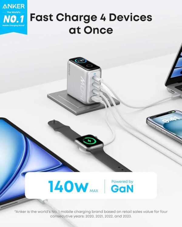 Anker 140W USB C Charger, Laptop Charger, 4-Port Multi-Device Fast Charging, Advanced GaN Power Adapter, Intuitive Touch Controls, Compatible with MacBook - Image 5