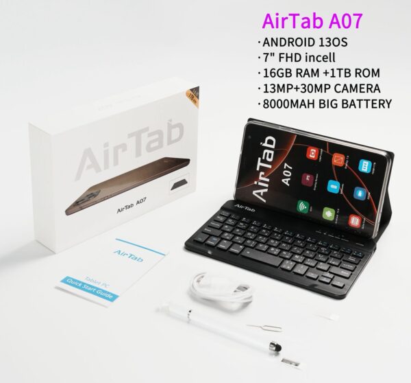 AirTab A07 Tablet with Keyboard, 7 inch FHD Screen, 1TB Internal Memory, 16GB RAM - with Powerful 8000mAh Battery Black