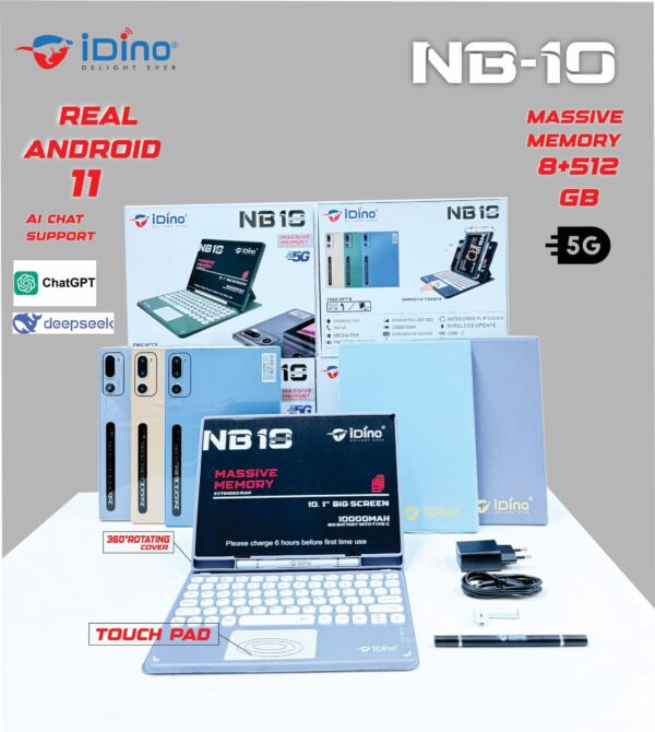 Idino Notebook 10 10.1inch 5G PC Android Tablet and Touch Pen, Real Android 11 OC Advance Ai chat support 512GB ROM, 8GB ROM, 10000 mAh Battery, Wireless Keyboard, Touch Pad