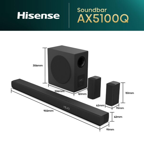 Hisense AX Series Soundbar AX5100Q, 5.1 Channel, 580W, 6.5”Wireless subwoofer included, Dolby Atmos and DTS:X - Image 2