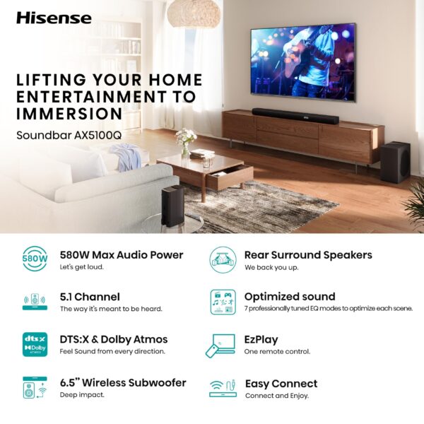 Hisense AX Series Soundbar AX5100Q, 5.1 Channel, 580W, 6.5”Wireless subwoofer included, Dolby Atmos and DTS:X - Image 3