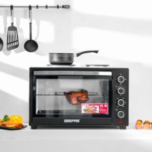 Geepas 60L Electric Oven - G04452N with Convection and Rotisserie Function| 4 Knobs and Temperature 100-250-Degrees Celsius| 60 Minute Timer with Bell | 2000W | 2 Years Warranty