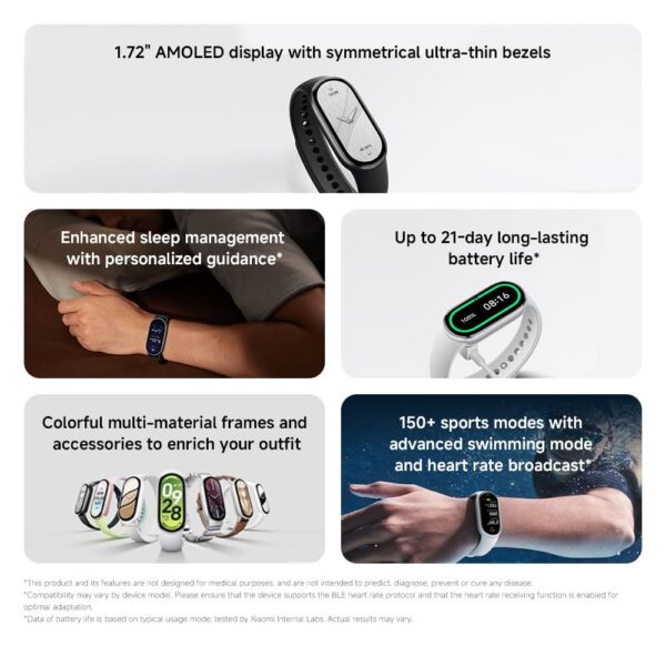 Xiaomi Smart Band 10 Fitness Tracker, 1.72" AMOLED Display, 21-Day Battery Life, 150+ Sports Modes, Heart Rate & Sleep Monitoring, Electronic Compass, 5ATM Waterproof, 2-Year Warranty – Silver - Image 4