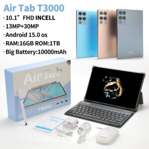 AirTab T3000 PC Android Tablet 10" Screen Display 16GB RAM, 1TB Storage, 10000 mAh Battery, Wireless Keyboard, Stylus Pen + Free Accessories