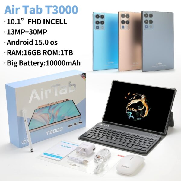 AirTab T3000 PC Android Tablet 10" Screen Display 16GB RAM, 1TB Storage, 10000 mAh Battery, Wireless Keyboard, Stylus Pen + Free Accessories