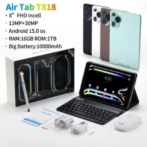 AirTab T818 PC Android Tablet 8" Display Screen, 16GB RAM, 1TB Storage, 10000 mAh Battery 13MP Camera, Wireless Keyboard for Both Adults and Kids
