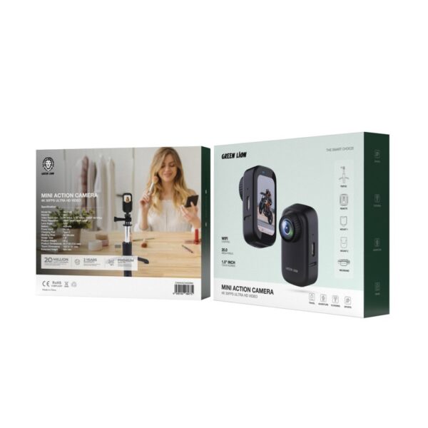 Green Lion Mini Action Camera, Video Resolution: 4K 30fps, 2.7K 30fps, 1080P 60/30fps, Photo Resolution: 20MP, 16MP, 14MP, 12MP, Lens Angle: 120°, Battery 400mah, Screen Size: 1.5inch, Wifi, Tripod, Touch Screen - Image 2