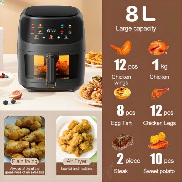 Silver Crest Air Fryer 8 Liter - Digital Oil-Less Air Fryer – 8 Cooking Presets – LED Digital Touch Screen with Large Window View – 2400W 360° Heating - Nonstick Easy to Clean - White - Image 2