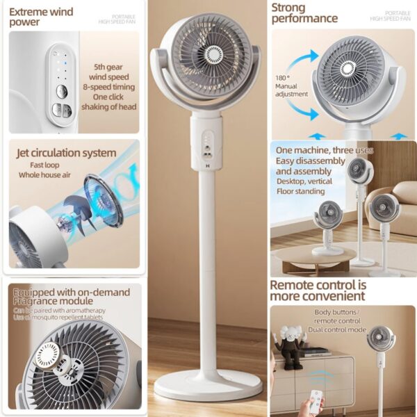 F1 Fan Air Circulation Fan, Portable Circulation Fan, Home Desktop Silent Floor Fan, Five Adjustable Speed And Energy-Saving, automatic oscillation ("shaking of head"), remote control, wide-angle air supply, and intelligent timing functions - Image 4