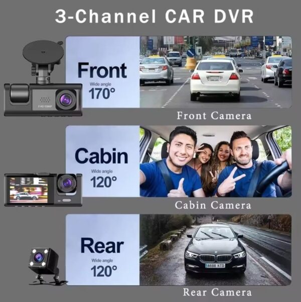 Dashcam 3 Lens Camera Channel Full HD 1080P Car DVR Vehicle & Dash Cam for Car Video Recorder Black Box Camcorder, Internal, Front, Reverse - Image 3