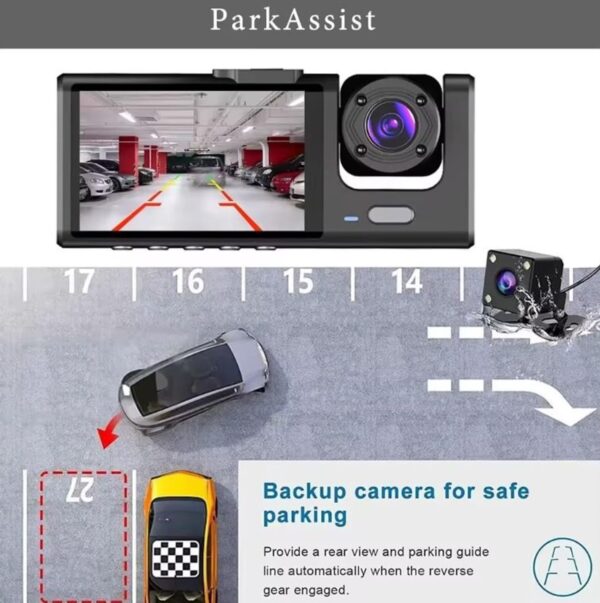 Dashcam 3 Lens Camera Channel Full HD 1080P Car DVR Vehicle & Dash Cam for Car Video Recorder Black Box Camcorder, Internal, Front, Reverse - Image 2