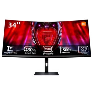 Xiaomi Curved Gaming Monitor 34 inch 180Hz High Refresh Rate, Response time 1ms Fast FreeSync Premium Professional Calibration 95% DCI-P3 100% sRGB* , 3440x1440, Low Blue Light Computer Screen Monitor Desktop Monitor