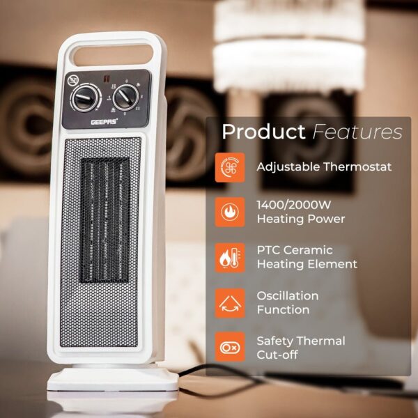 Geepas Fan Heater, 2000W Premium Oscillating Ceramic PTC Tower Heater GRH28530 - Image 2