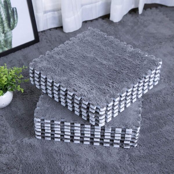 12pcs Interlocking Carpet Shaggy Soft EVA Foam Mats Fluffy Area Rugs Protective Floor Tiles Exercise Play Mat for Children Kids Room Home Parlor Bedroom Gray