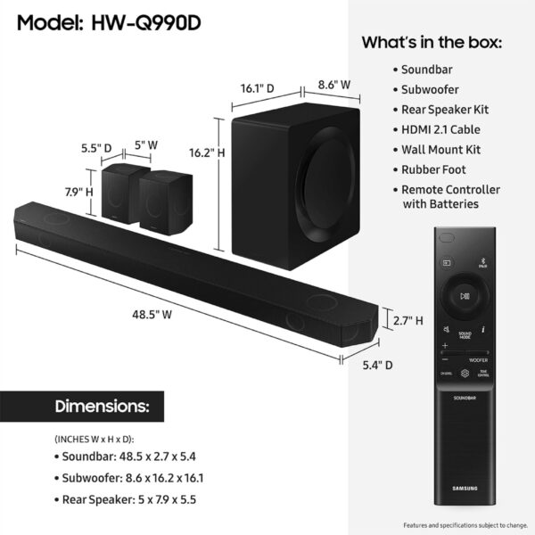 SAMSUNG Q990D 11.1.4ch Soundbar w/Wireless Dolby Atmos Audio, Rear Speaker Included, Q-Symphony, SpaceFit Sound Pro, Adaptive Sound, Game Mode Pro with Alexa Built-in - Image 2