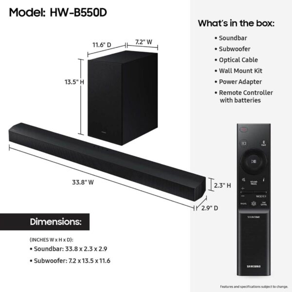 Samsung B550 3.1 ch Soundbar w/ Dolby Audio, Surround Sound expansion, Bass Boost, Adaptive Sound, DTS Virtual:X, Wireless Subwoofer, 2024 - Image 2