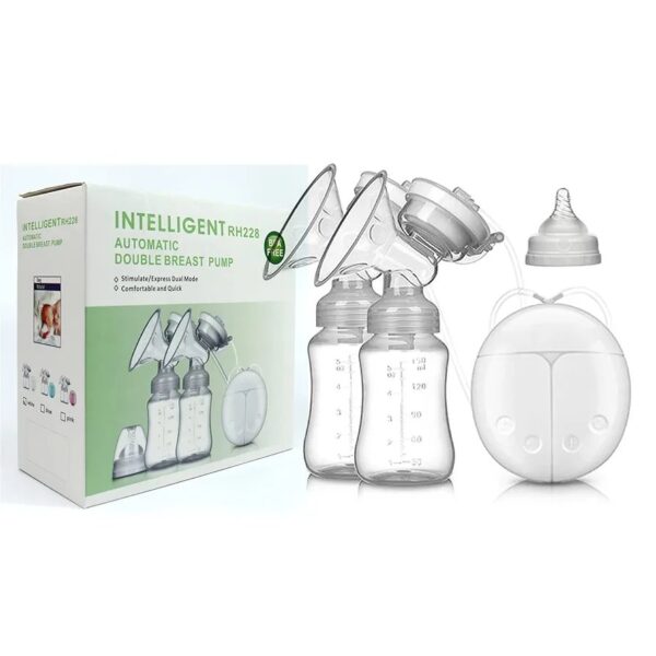 Electric Intelligent Breast Pump, BPA-Free USB Dual Breast Pump Safety Comfortable and Lightweight Automatic Massage Postpartum Breast Pump, 150ml Milk Storage Bottle with Lid and Nipple