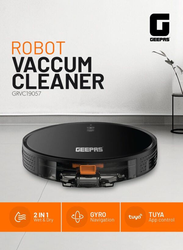 Geepas 2 In 1 Wet & Dry Robot Vacuum Cleaner | Gyro Navigation, TUYA App Control | 4 Cleaning Modes 2600 mAh Battery & Auto Recharge | Adjustable Levels, Remote Control | GRVC19057 11.4 W GRVC19057 Black - Image 8