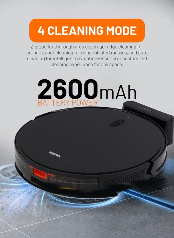 Geepas 2 In 1 Wet & Dry Robot Vacuum Cleaner | Gyro Navigation, TUYA App Control | 4 Cleaning Modes 2600 mAh Battery & Auto Recharge | Adjustable Levels, Remote Control | GRVC19057 11.4 W GRVC19057 Black - Image 2