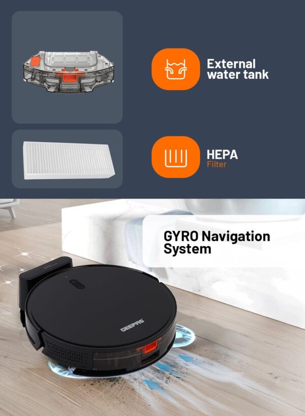 Geepas 2 In 1 Wet & Dry Robot Vacuum Cleaner | Gyro Navigation, TUYA App Control | 4 Cleaning Modes 2600 mAh Battery & Auto Recharge | Adjustable Levels, Remote Control | GRVC19057 11.4 W GRVC19057 Black - Image 3