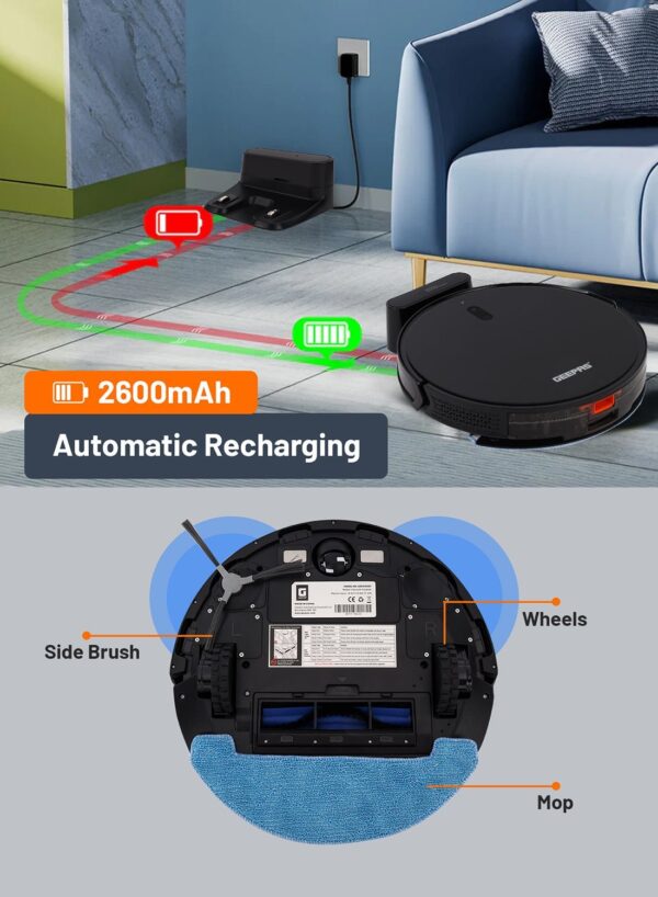 Geepas 2 In 1 Wet & Dry Robot Vacuum Cleaner | Gyro Navigation, TUYA App Control | 4 Cleaning Modes 2600 mAh Battery & Auto Recharge | Adjustable Levels, Remote Control | GRVC19057 11.4 W GRVC19057 Black - Image 6
