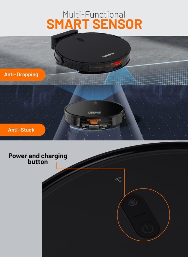 Geepas 2 In 1 Wet & Dry Robot Vacuum Cleaner | Gyro Navigation, TUYA App Control | 4 Cleaning Modes 2600 mAh Battery & Auto Recharge | Adjustable Levels, Remote Control | GRVC19057 11.4 W GRVC19057 Black - Image 5