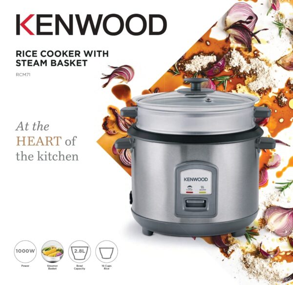 Kenwood 2 in 1 Rice Cooker 2.8L 16-Cups Rice with Food Steamer Basket, Non-Stick Cooking Pot, Temepered Glass Lid, Warm/Cook Lights, Spatula Holder, Detachable Cord RCM71.000SS Silver - Image 2