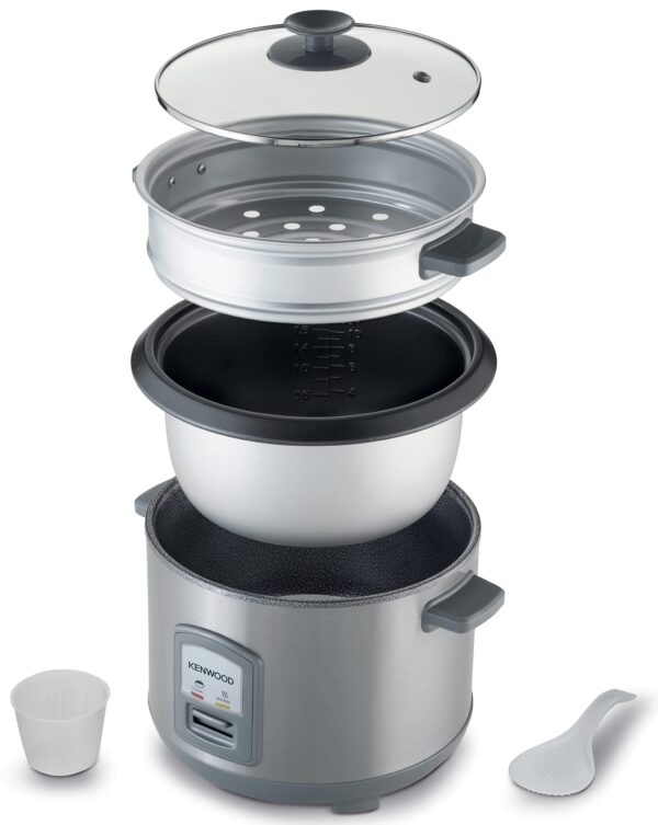 Kenwood 2-in-1 Rice Cooker 1.8L 10-Cups Rice with Food Steamer Basket, Non-Stick Cooking Pot, Temepered Glass Lid, Warm/Cook Lights, Spatula Holder, Detachable Cord RCM45.000SS Silver - Image 3